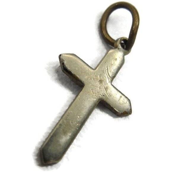 Plain Silver Tone Cross Charm Pendant Patina Vintage - Picture 1 of 8